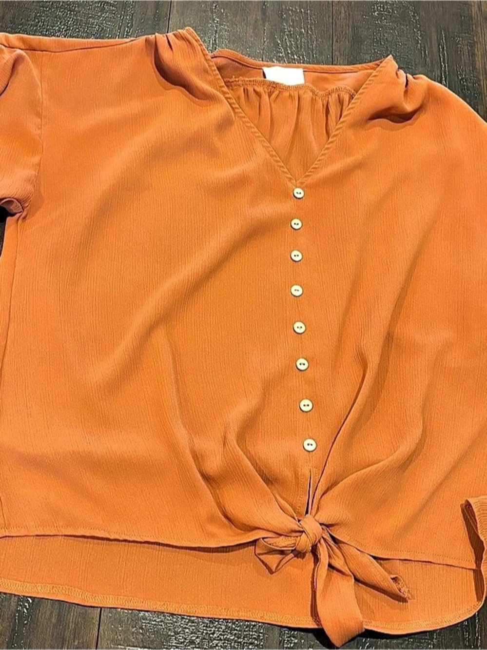 Orange Button Front Tie Hem Top